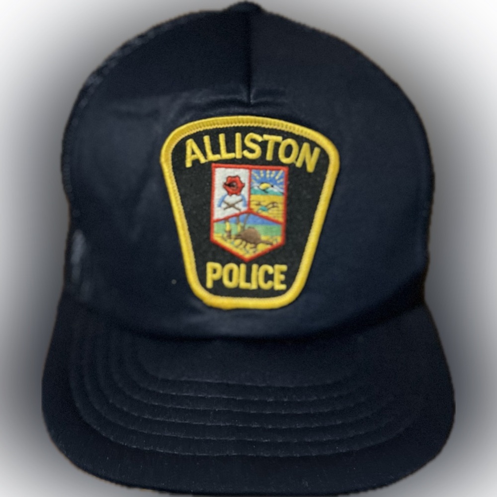 Vintage Alliston Police Patch Trucker Hat – Black Mesh Cap